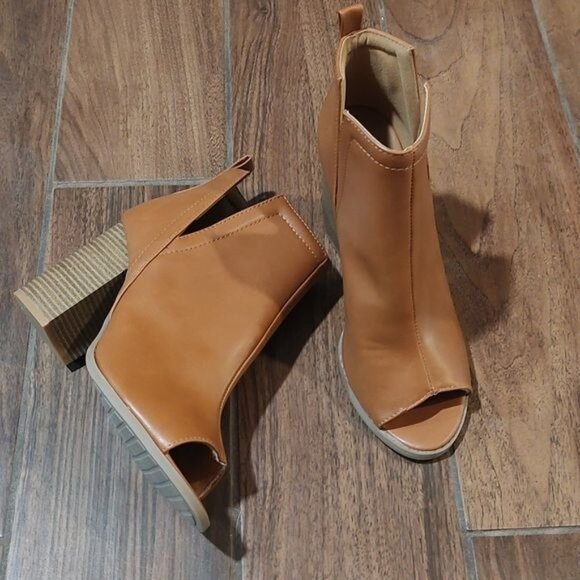 Pink Lily 10 Cara cognac brown peep toe bootie block heel - Picture 1 of 4